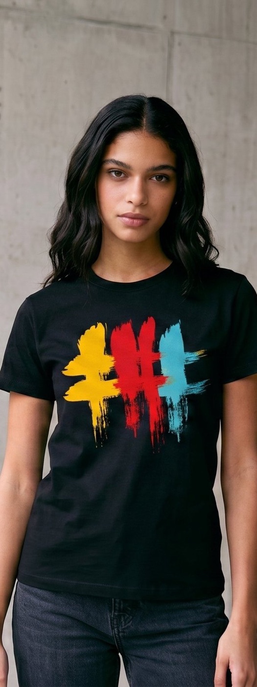 Model wearing the black BCU Colors hashtag tee