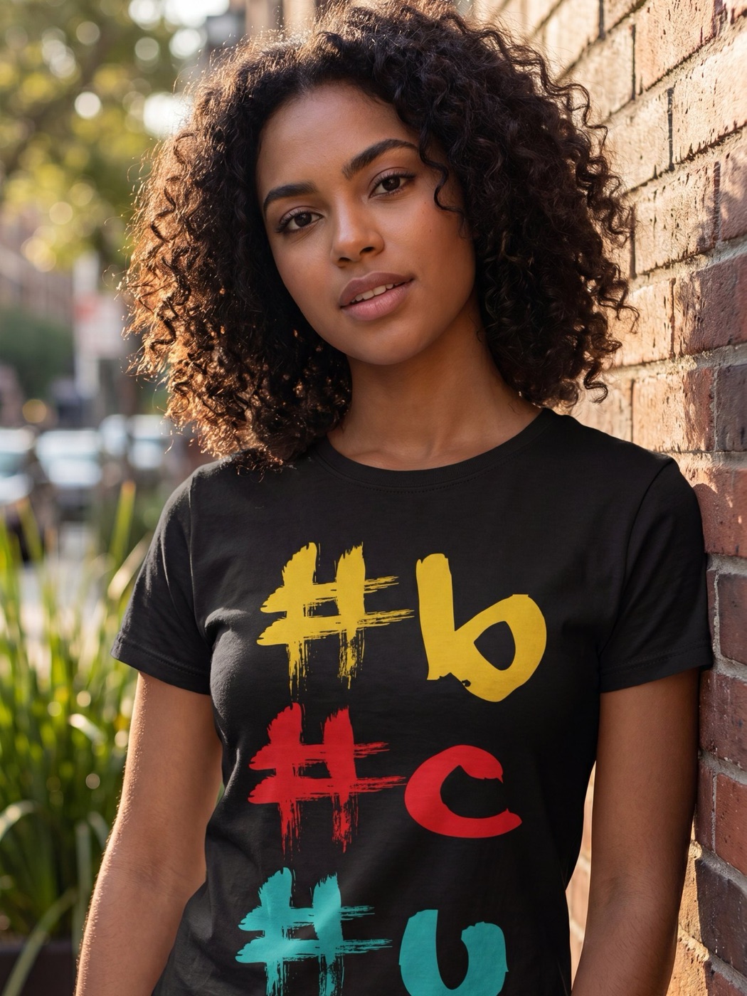 Model at a brick wall wearing the hashtag BCU tee