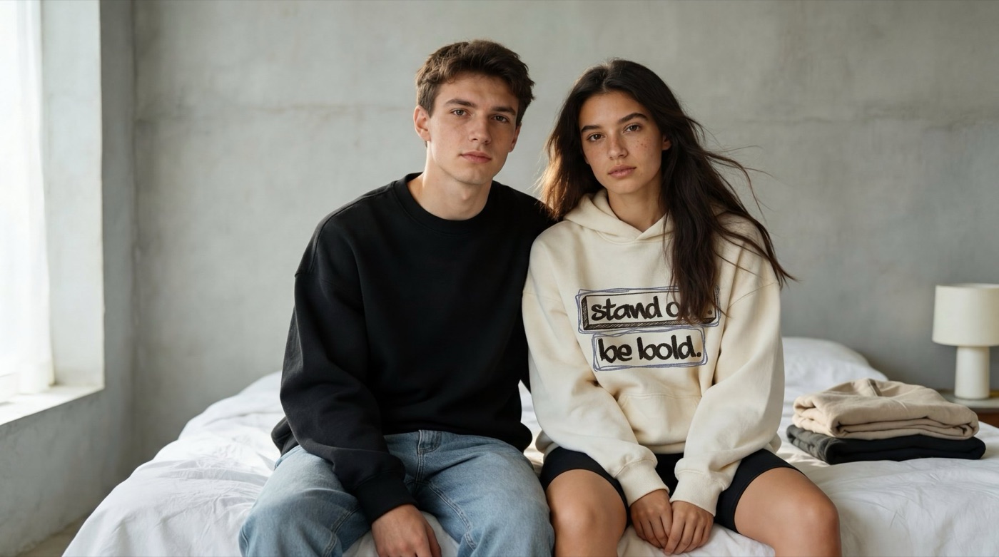 Two models on a bed wearing the black sweater and the Stand Out hoodie