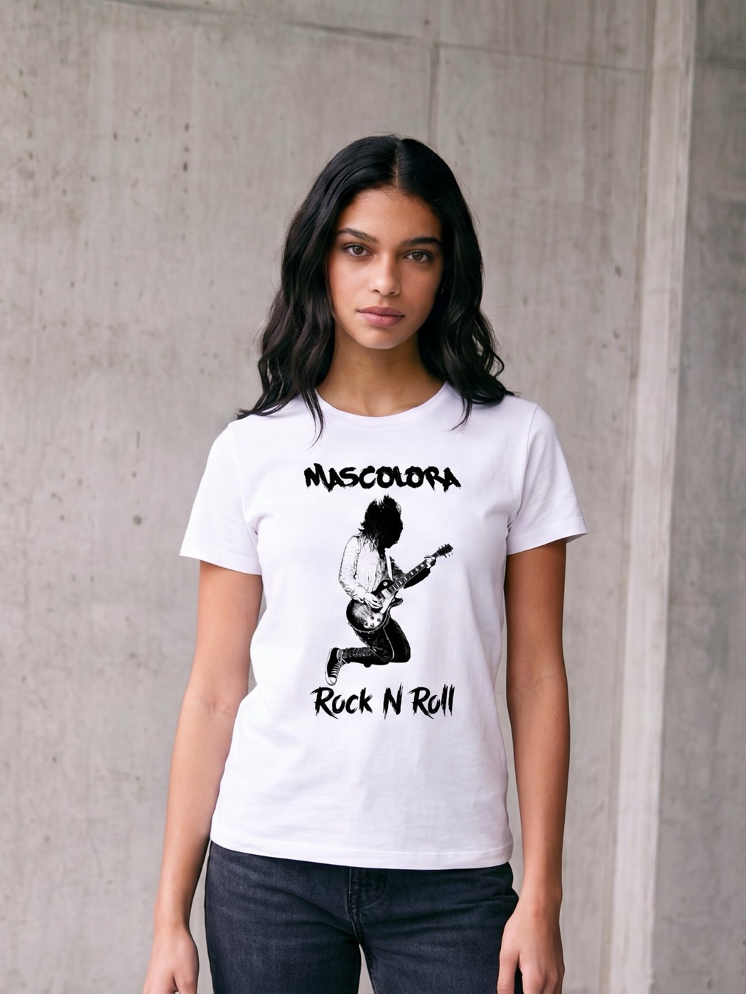 Model wearing the white Rock n Roll tee