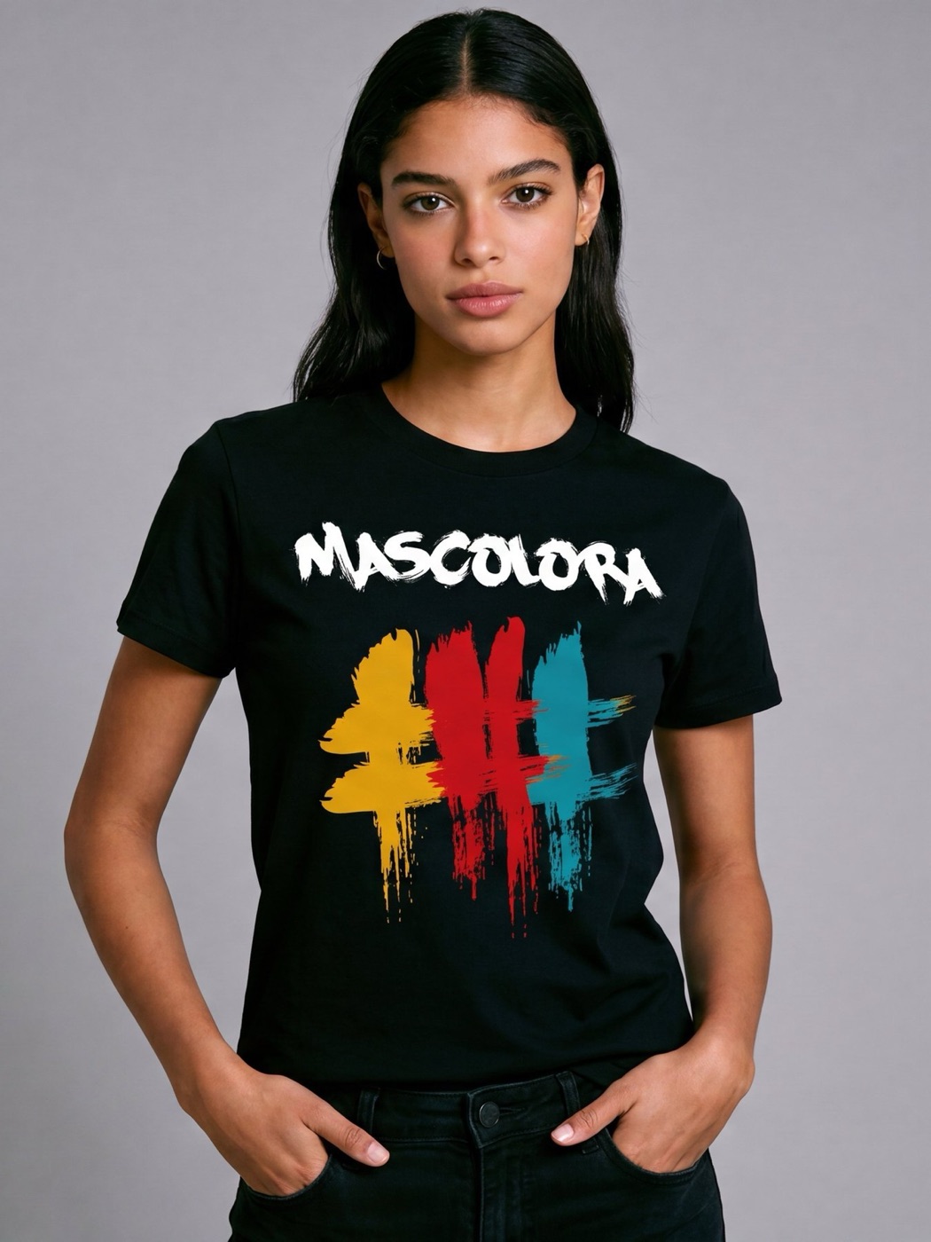 Model wearing the black Signature tee