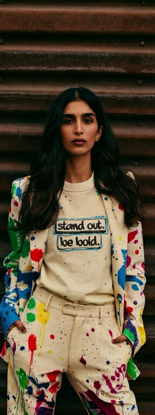 Model in a paint-splattered suit wearing the Stand Out sweater