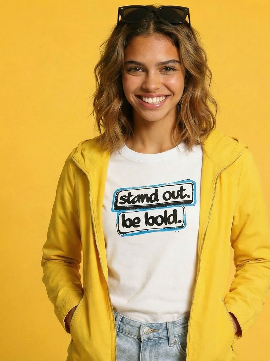 Model in a yellow jacket wearing the Stand Out Be Bold tee