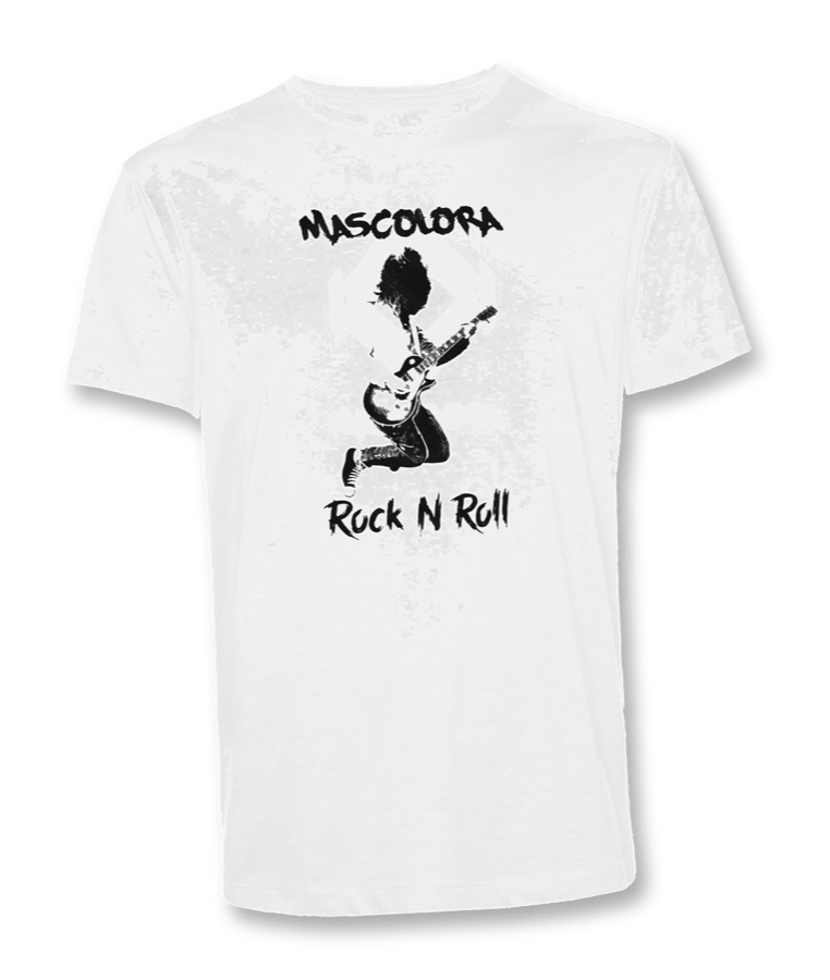 Rock n Roll tee, white with jumping guitarist